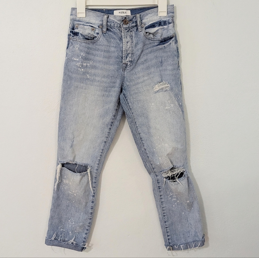Pistola High Rise Astrology Straight Leg Jeans Crop Distressed Ripped Blue 26